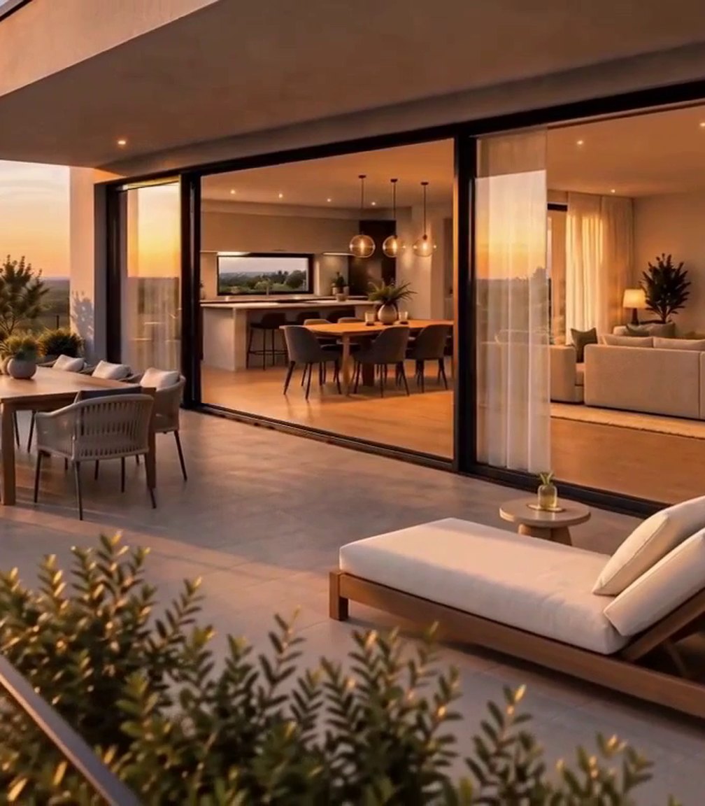 Terrasse bei Sonnenuntergang, vollständig KI-generierte Konzeptansicht